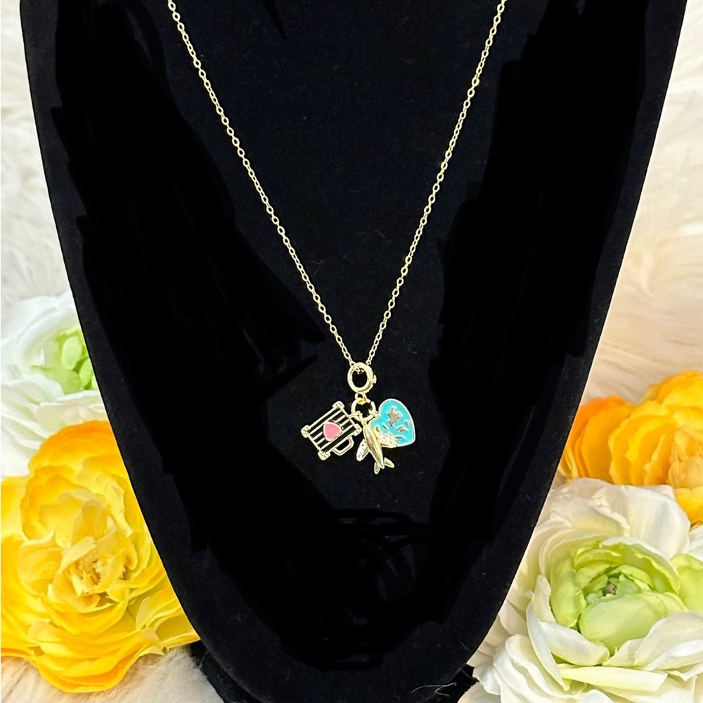 Travel Charm Necklace Gemstone Plane Suitcase and World Globe Heart NEW!!